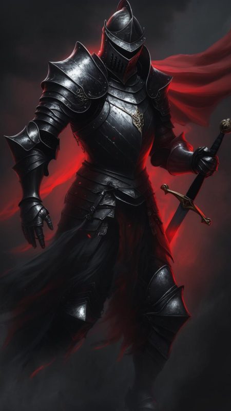 Black-armored knight stands shrouded in shadow